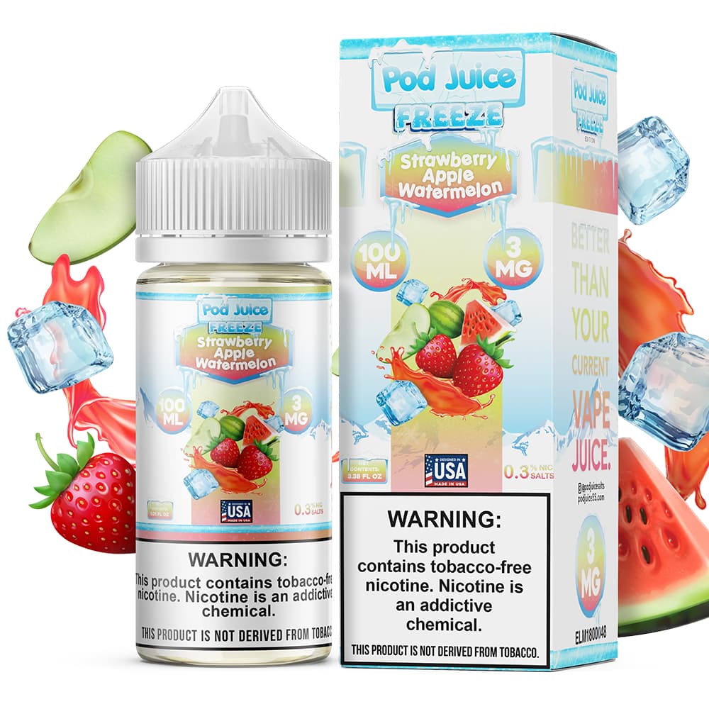 Pod Juice E Liquid Free Base 100ml Bottle / Strawberry Apple Watermelon / 6mg