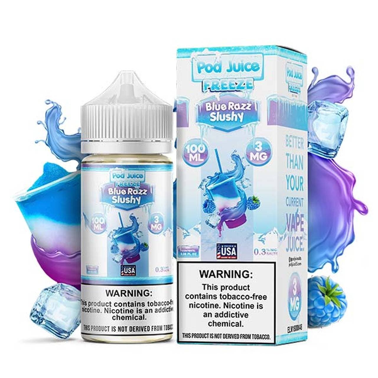 Pod Juice E Liquid Free Base 100ml Bottle / Blue Razz Slushy Freeze / 6mg